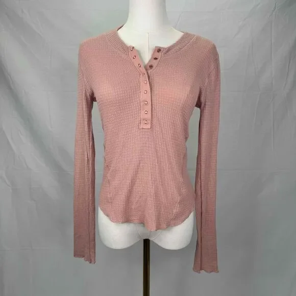 Free People Mauve Henley Top Button Textured Long Sleeve Thermal Transitional - Picture 2 of 11